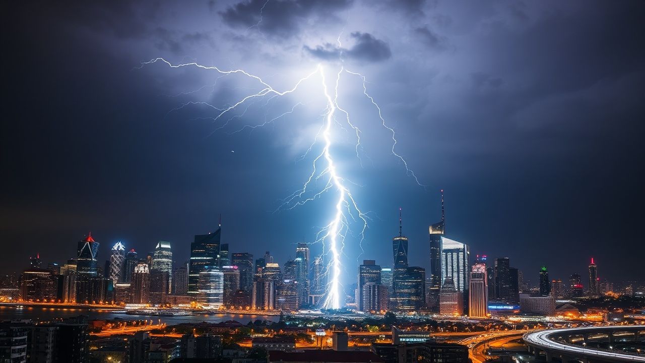 Radiant Lightning Bolt City by Night