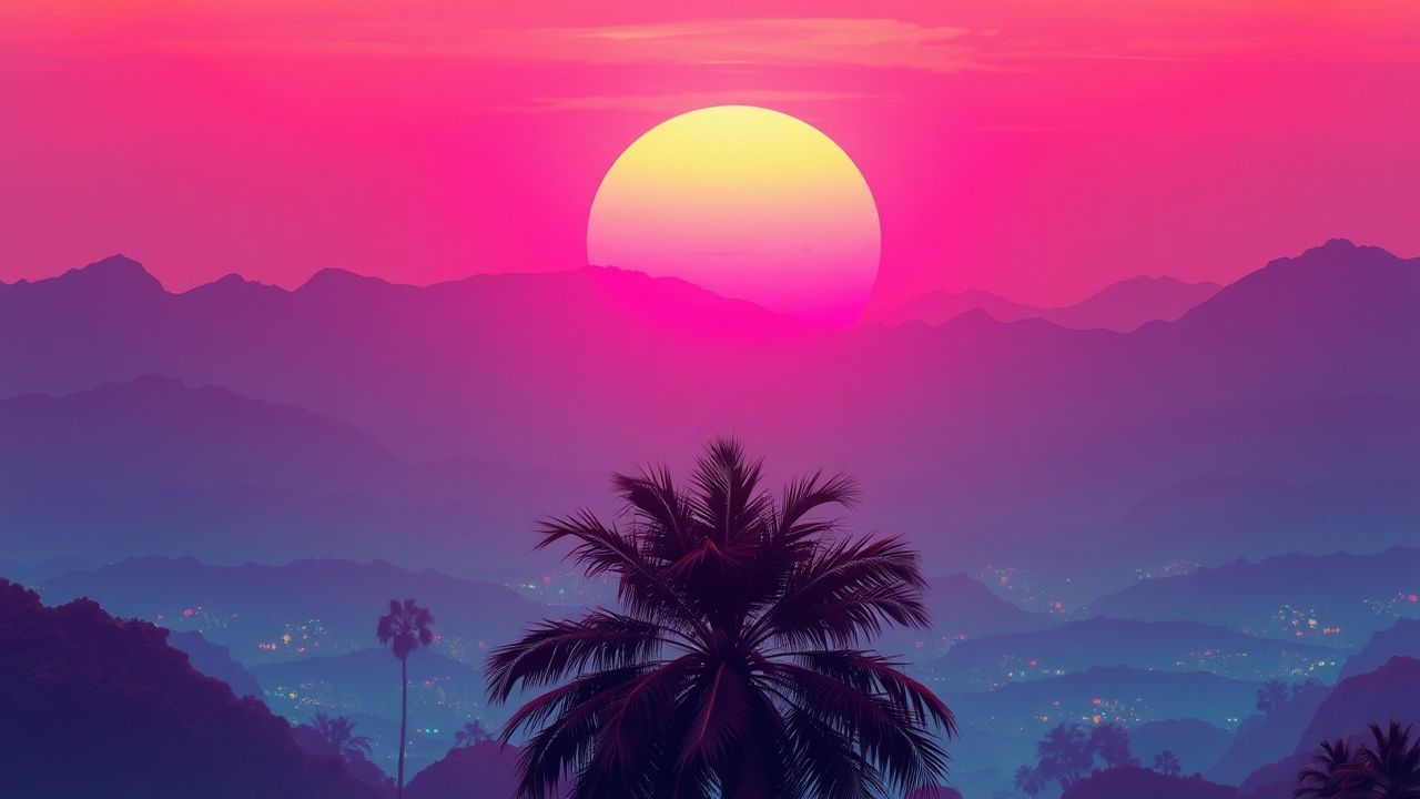 Classic Synthwave Grid Mountains at Sunset