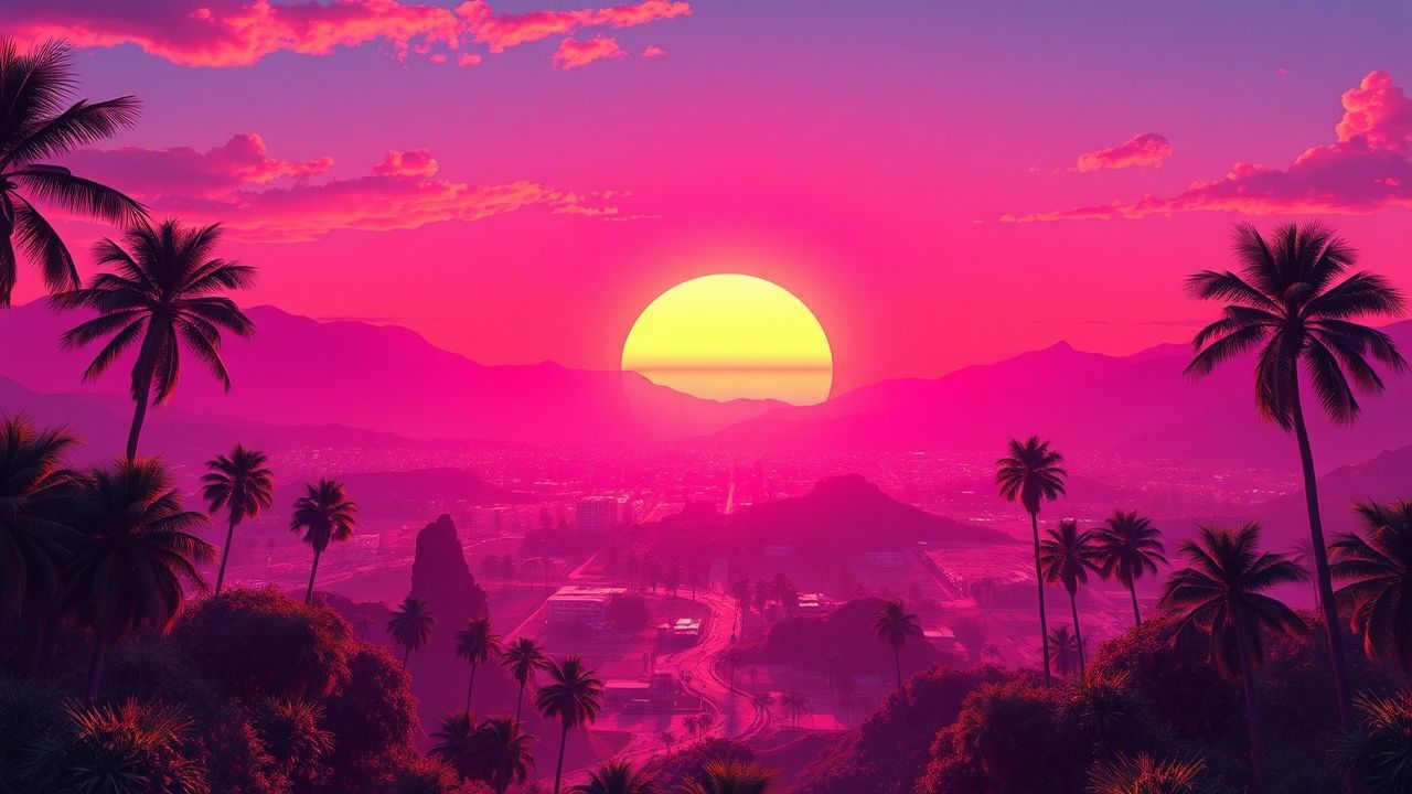 Retro Synthwave Grid Mountains at Sunset