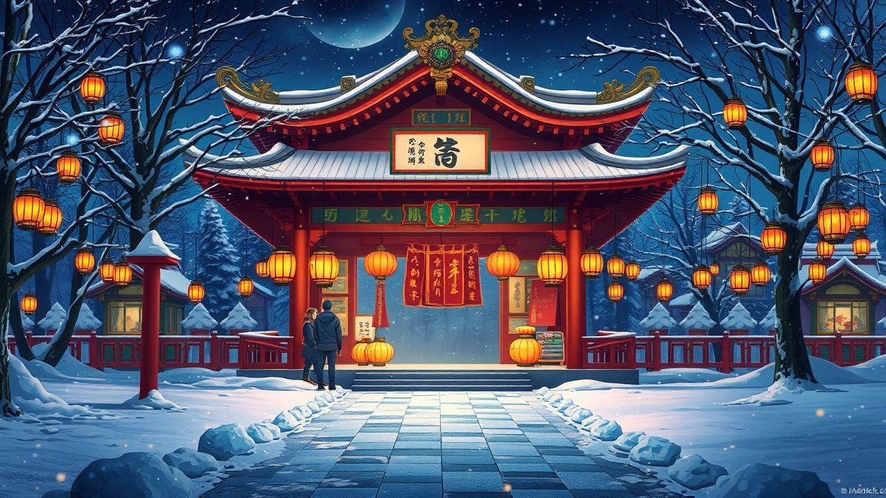 Gentle Shrine Lanterns Anime in Winter