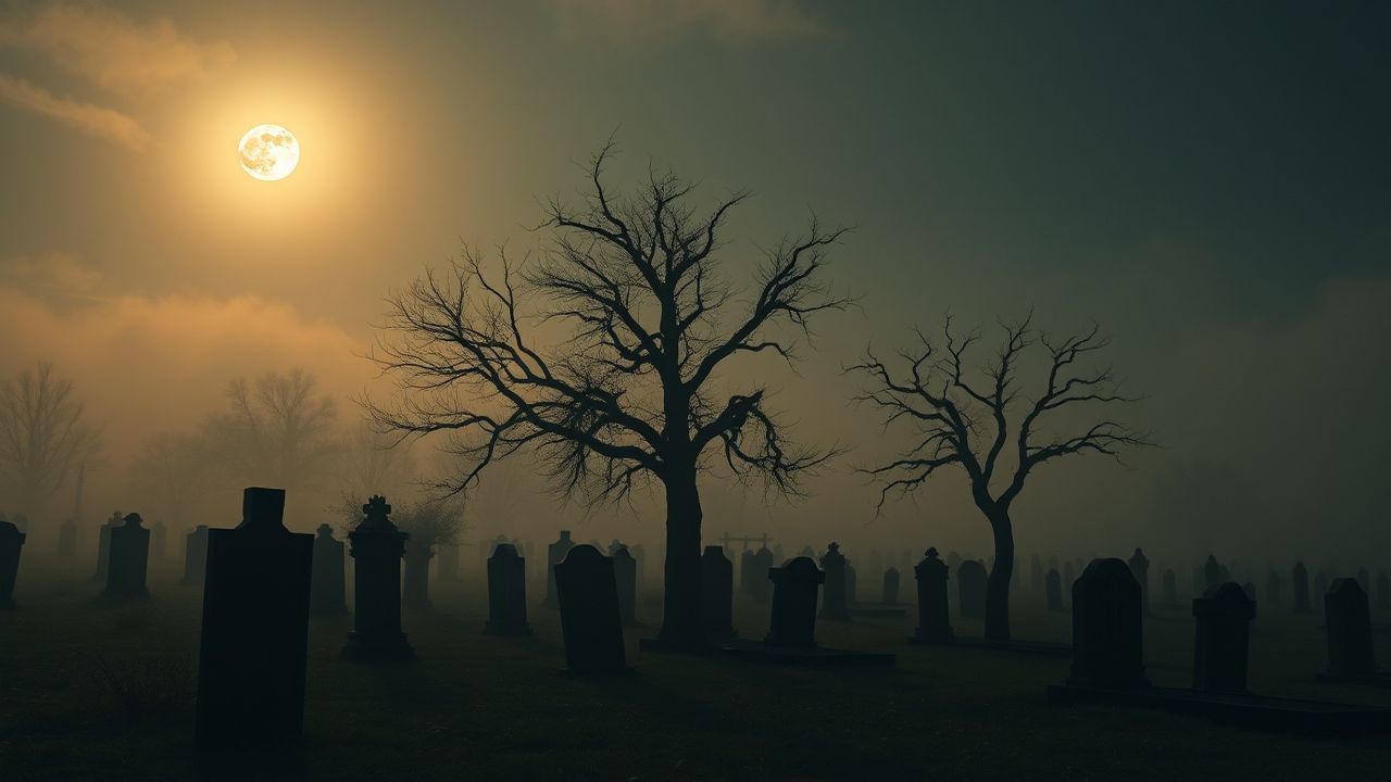 Mysterious Graveyard Full Moon in the Mist
