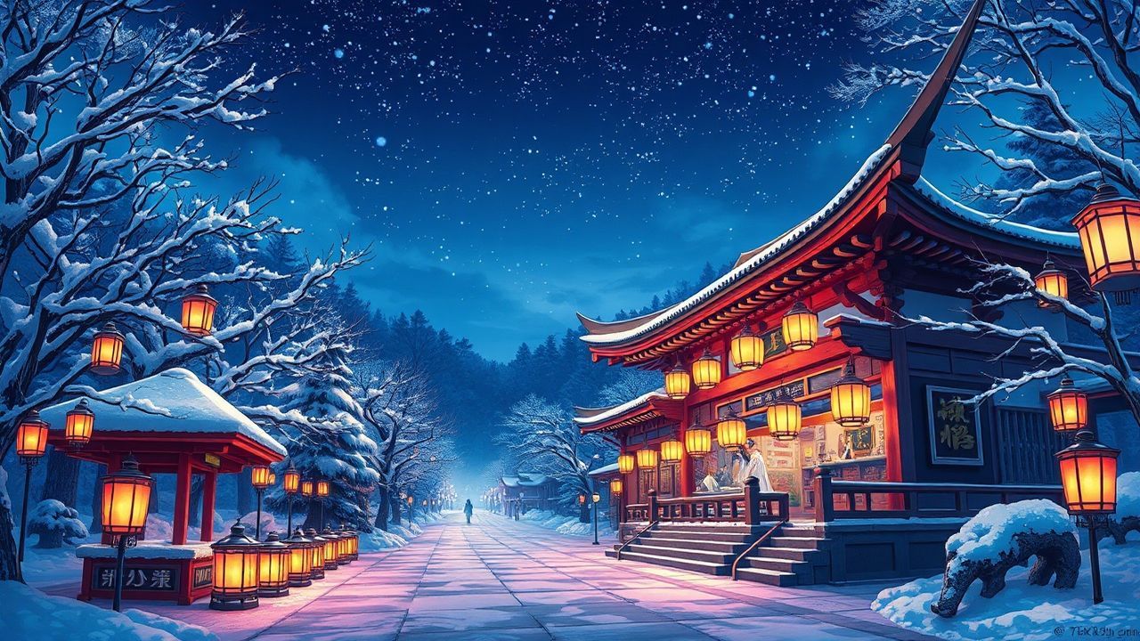 Peaceful Shrine Lanterns Anime in Winter