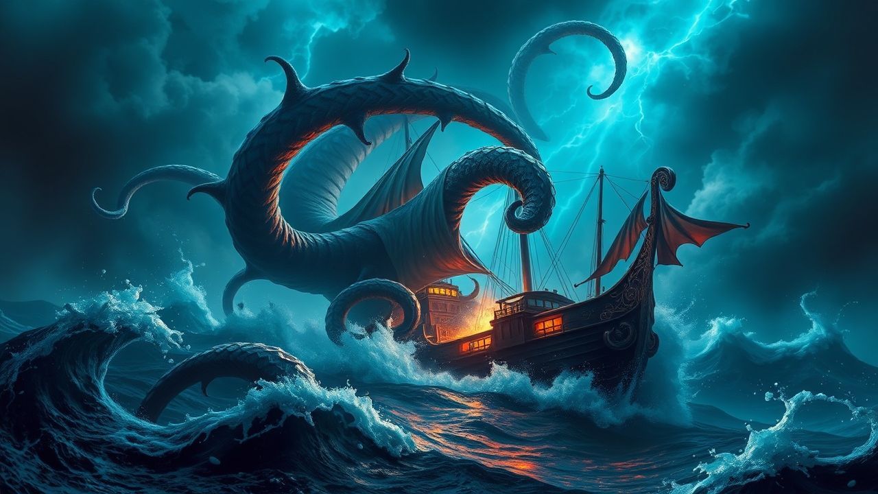 Mythical Kraken Attacking Ship Storm