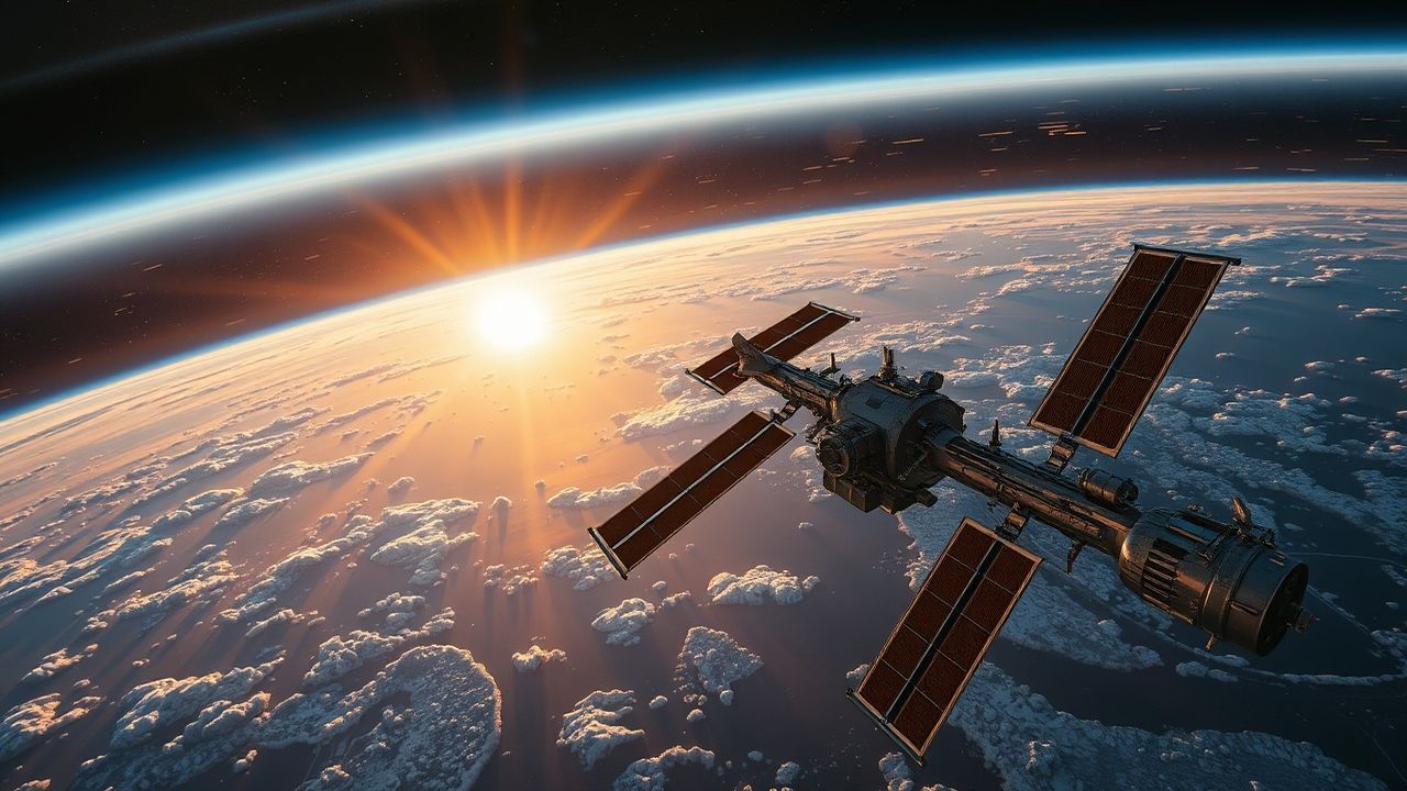 Luminous Space Station Orbiting at Sunrise