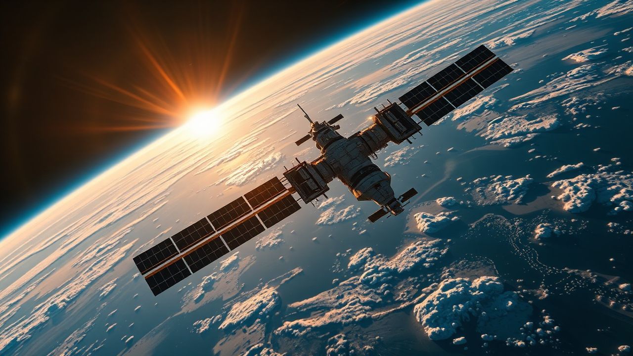 Nebulous Space Station Orbiting at Sunrise