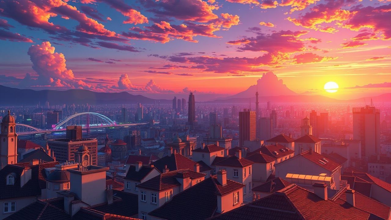 Pastel Anime Cityscape Hour in Golden Light