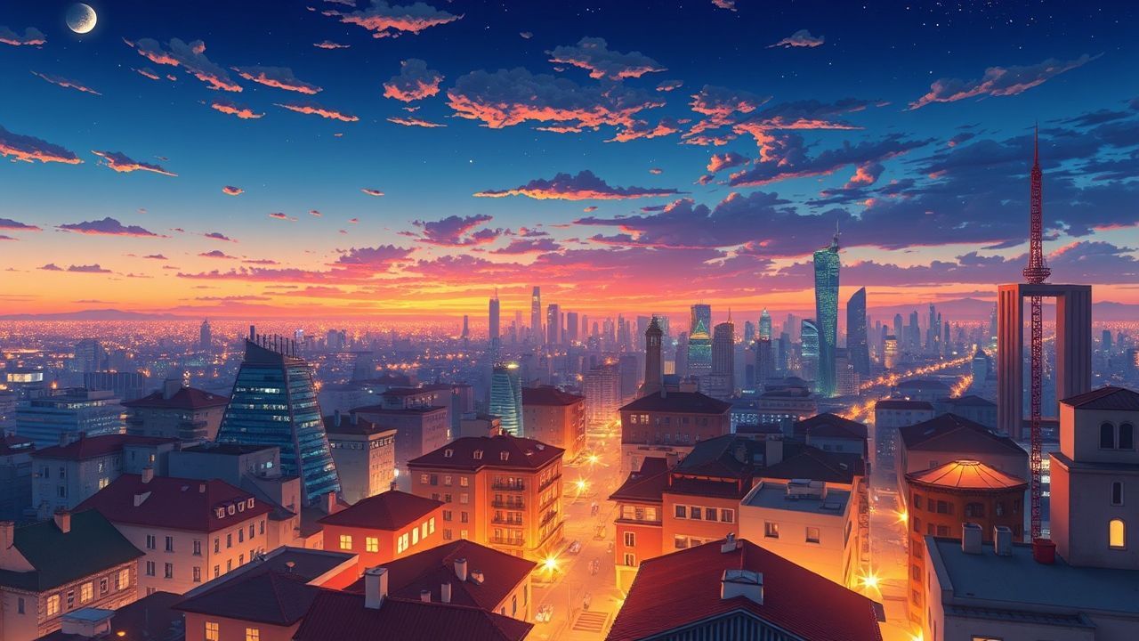 Enchanting Anime Cityscape Hour in Golden Light