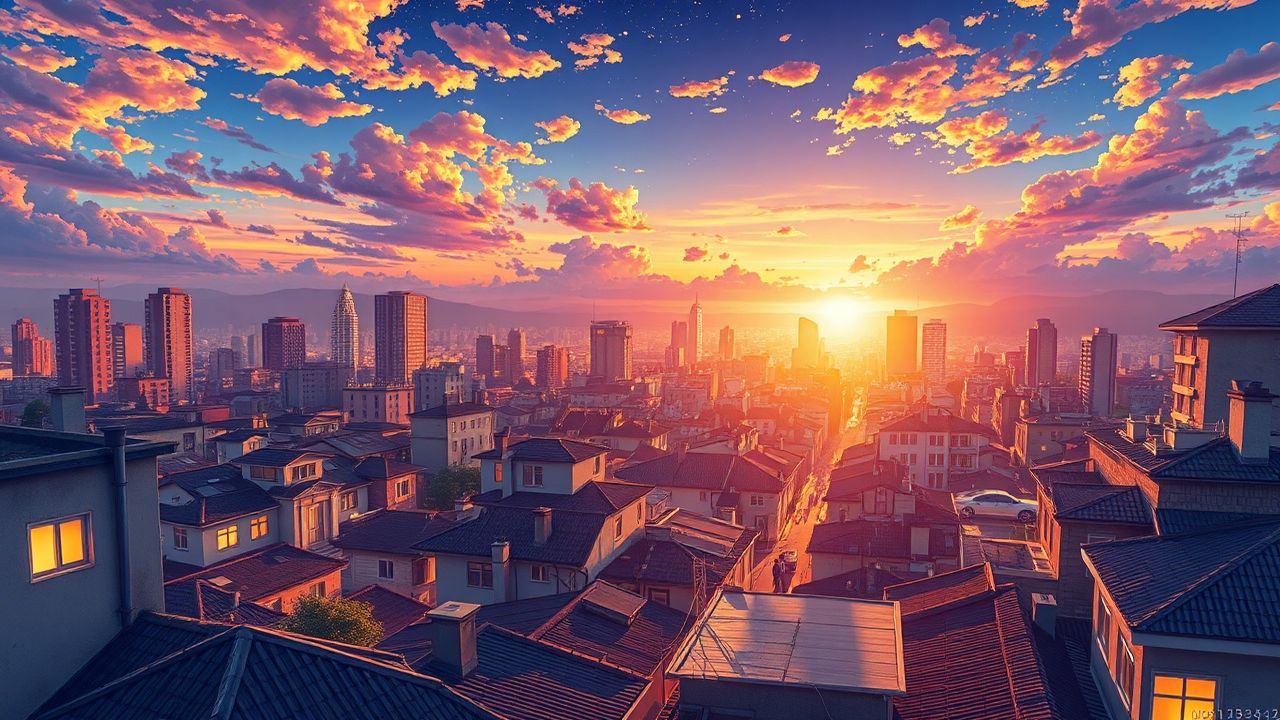 Pastel Anime Cityscape Hour in Golden Light