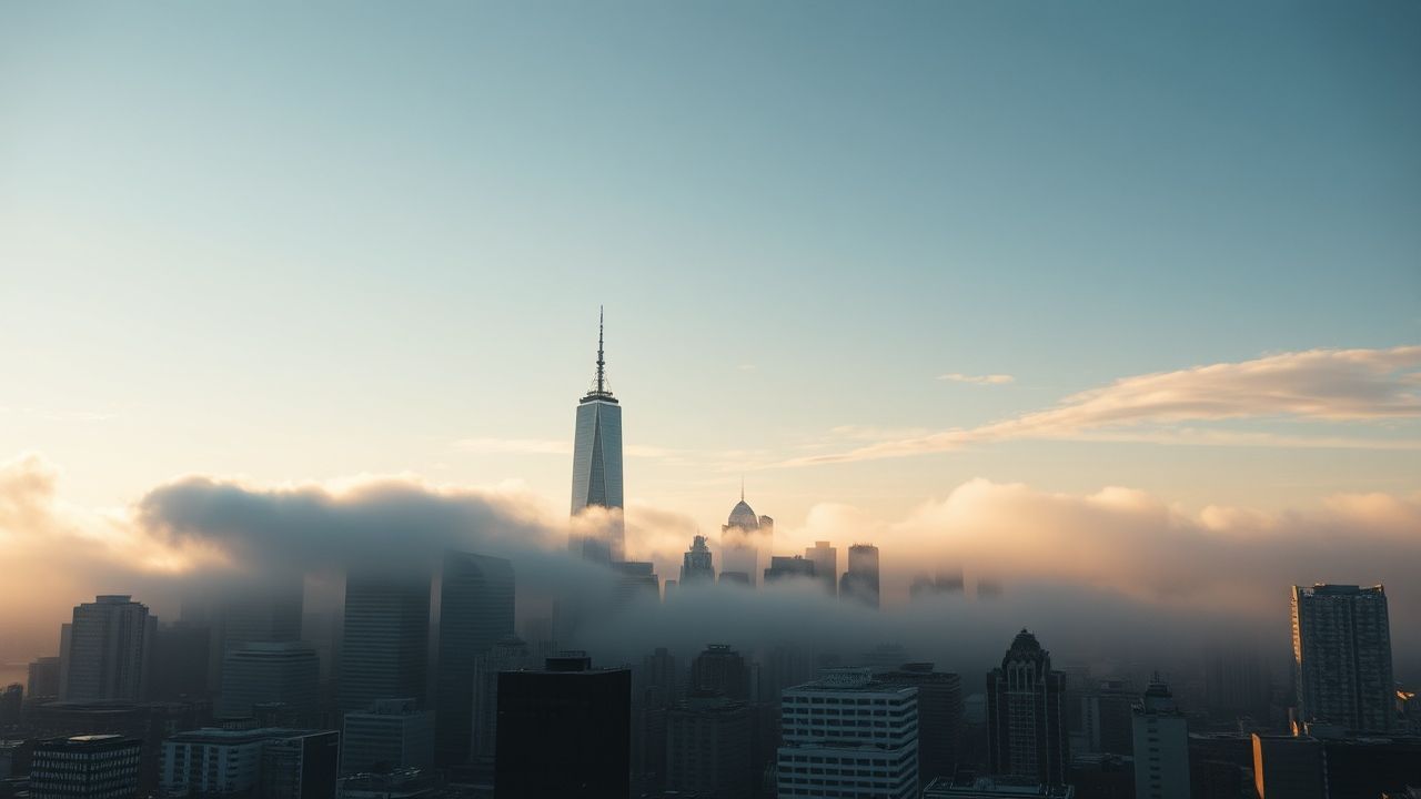 Luminous City Skyscrapers Emerging in the Mist