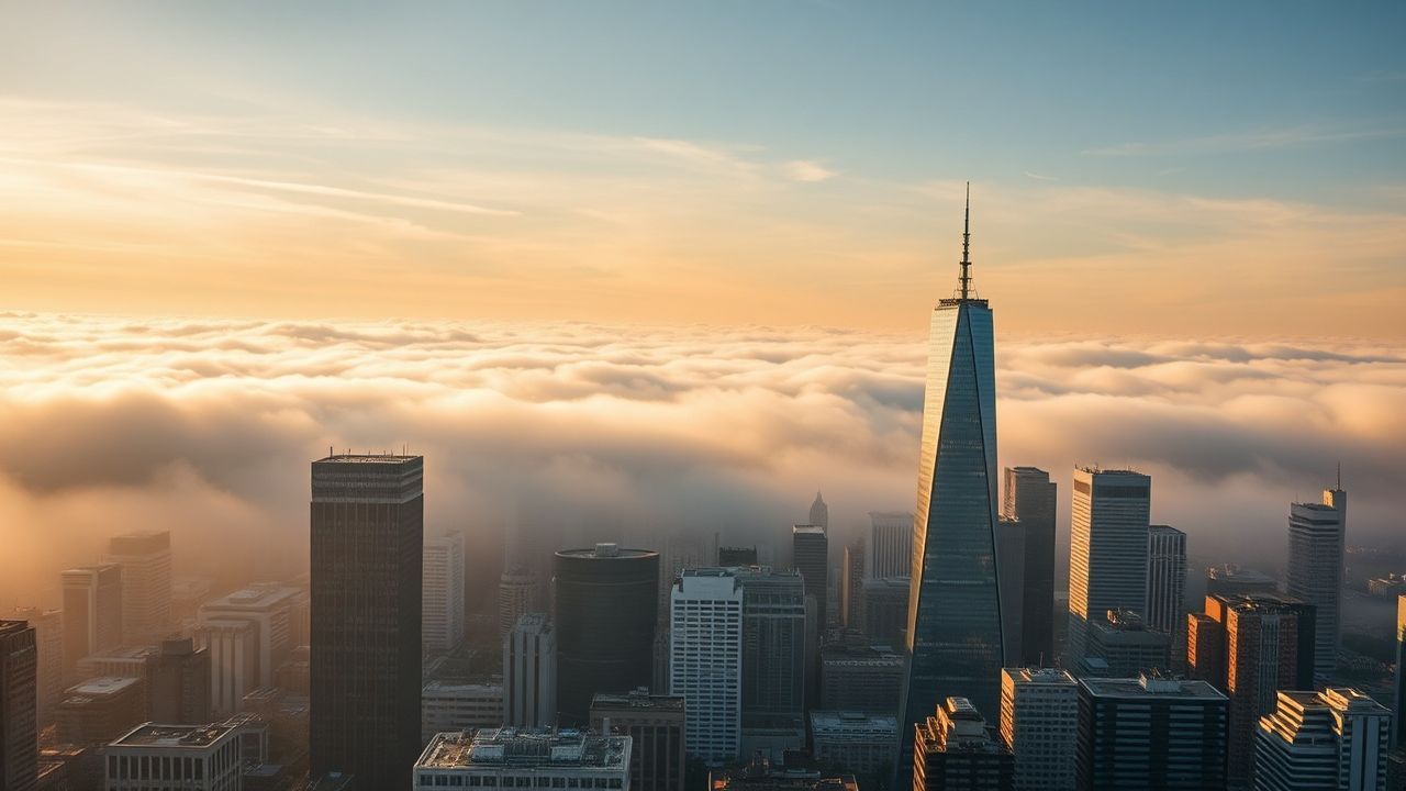 Vibrant City Skyscrapers Emerging in the Mist