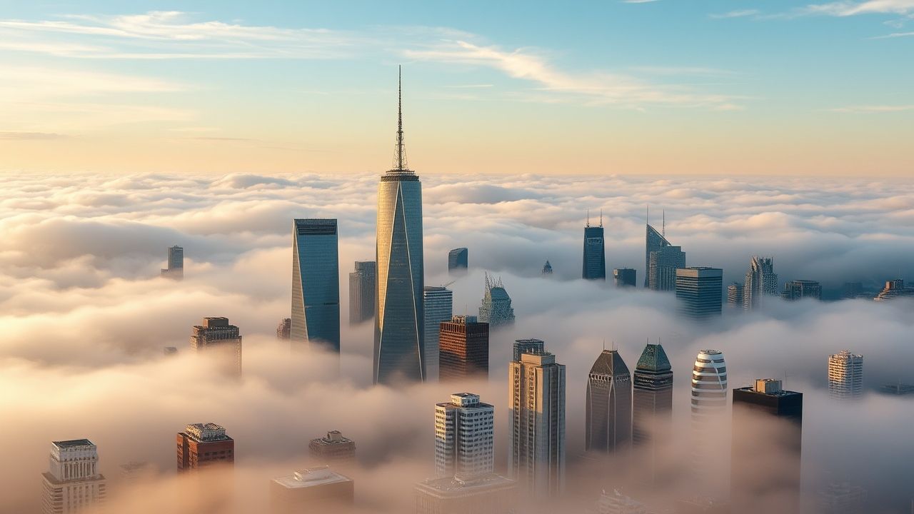 Panoramic City Skyscrapers Emerging in the Mist
