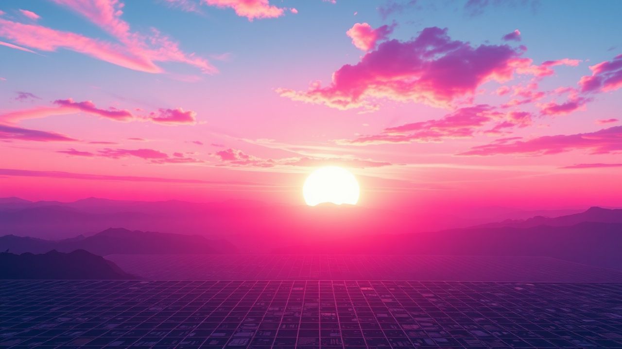Neon Vaporwave Grid Mountains at Sunset