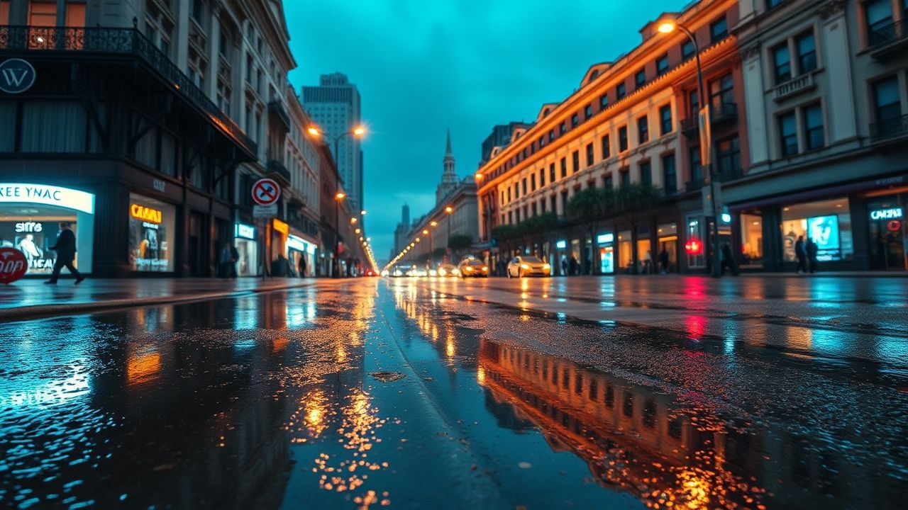 Towering Street Reflections Lights in the Rain