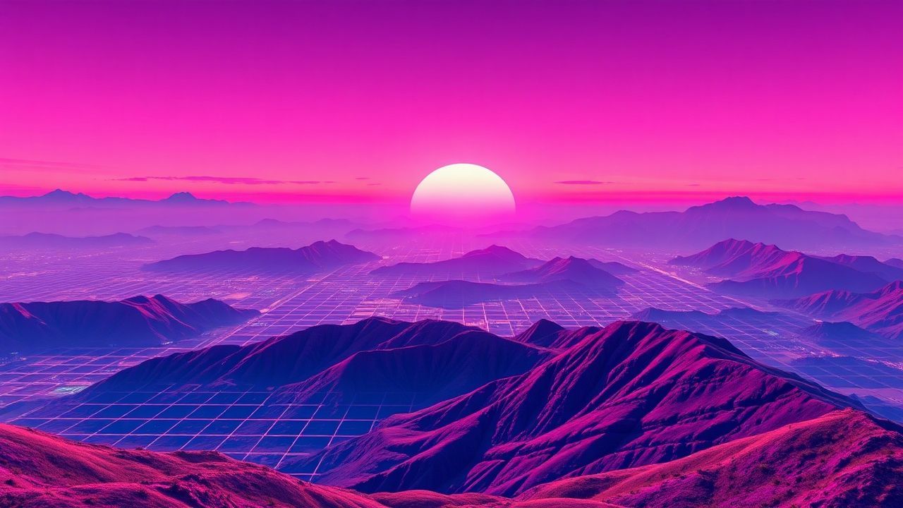 Nostalgic Vaporwave Grid Mountains at Sunset
