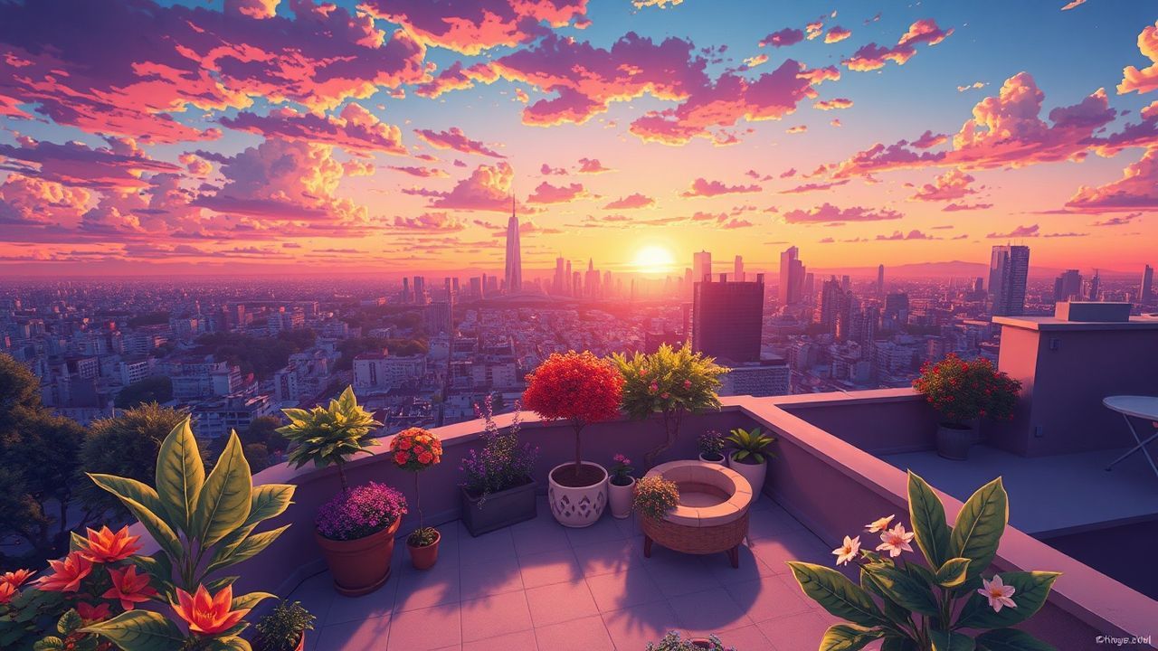 Blissful Rooftop Garden City at Sunset
