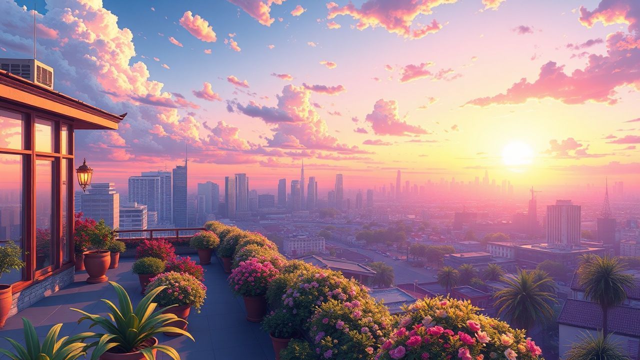 Whimsical Rooftop Garden City at Sunset