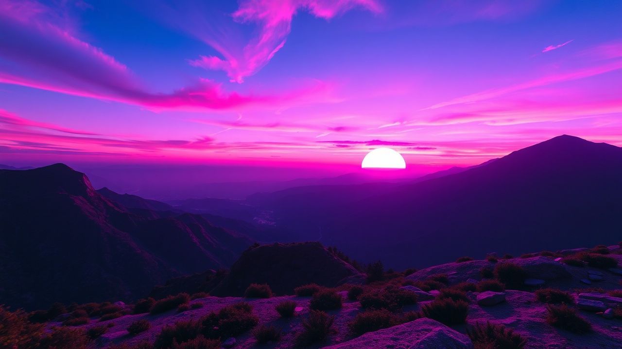 Liminal Vaporwave Grid Mountains at Sunset