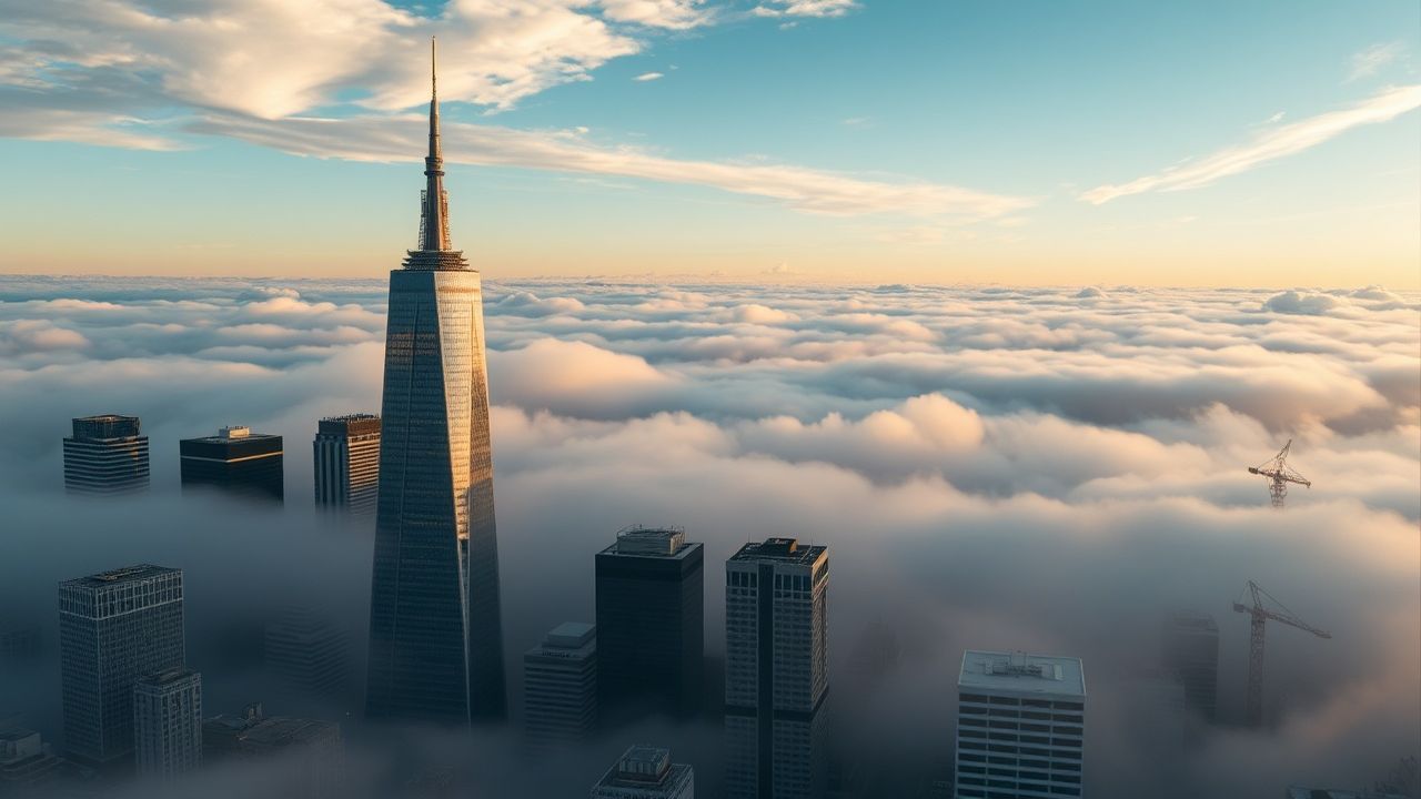 Metropolitan City Skyscrapers Emerging in the Mist