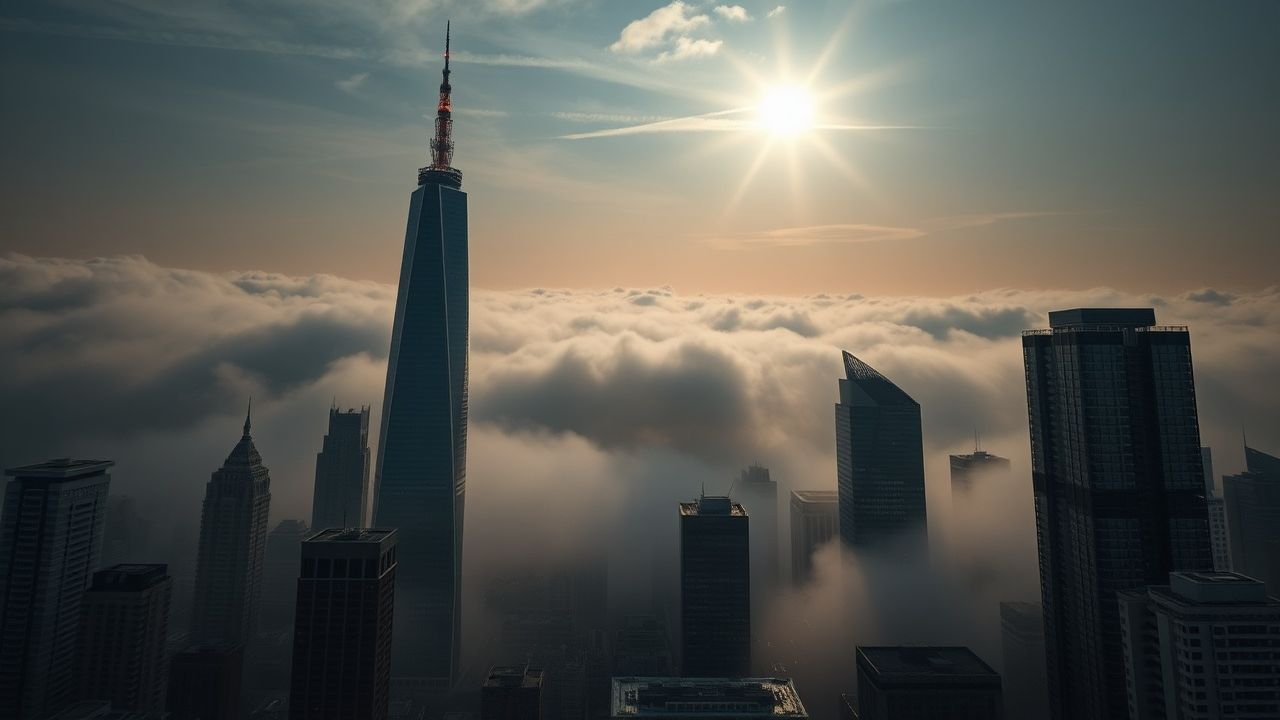 Vibrant City Skyscrapers Emerging in the Mist