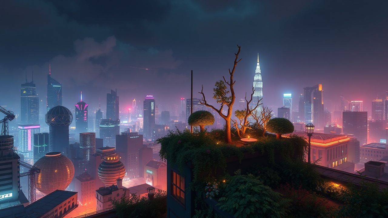 Holographic Rooftop Garden Oasis by Night