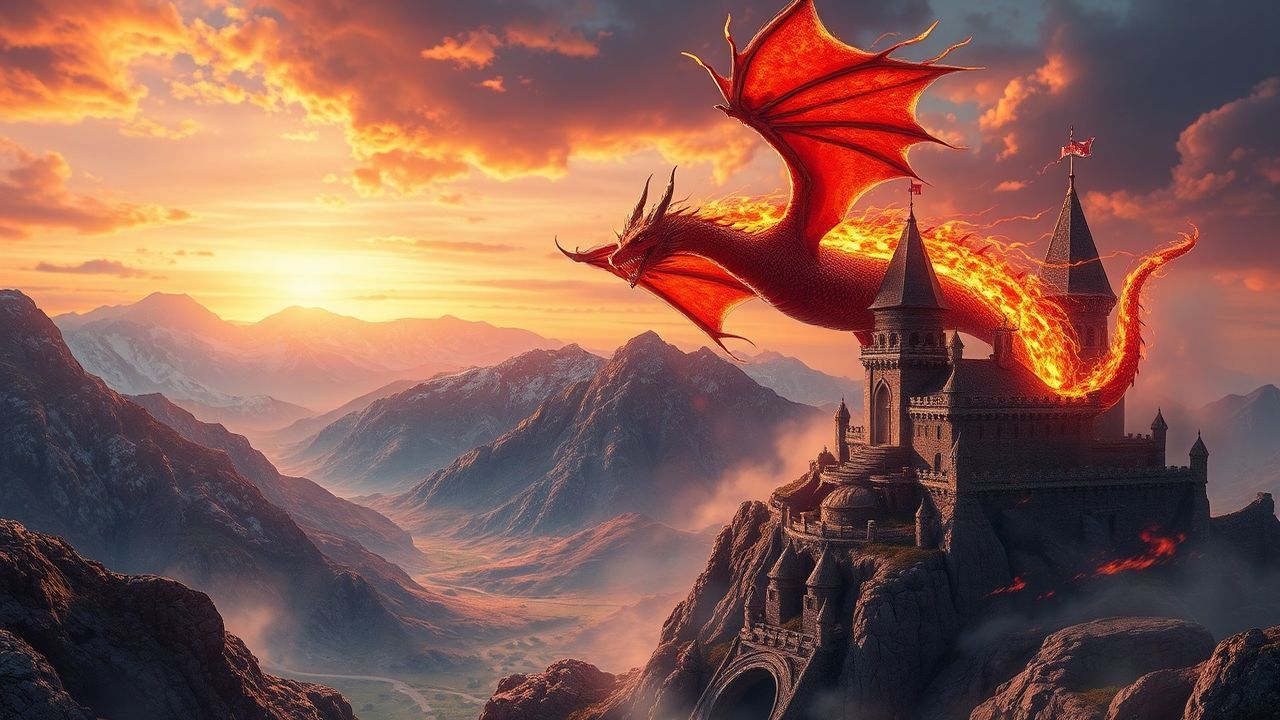 Enchanted Dragon Flying Medieval at Sunset