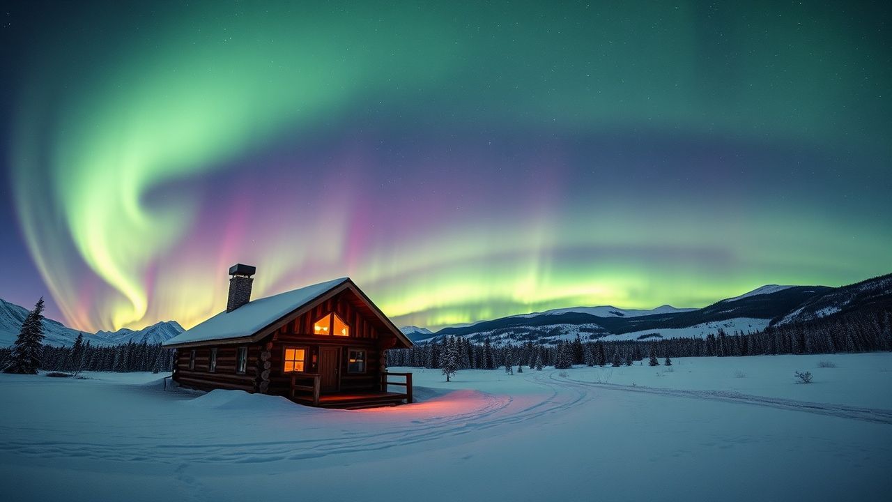 Golden Northern Lights Cabin in Winter
