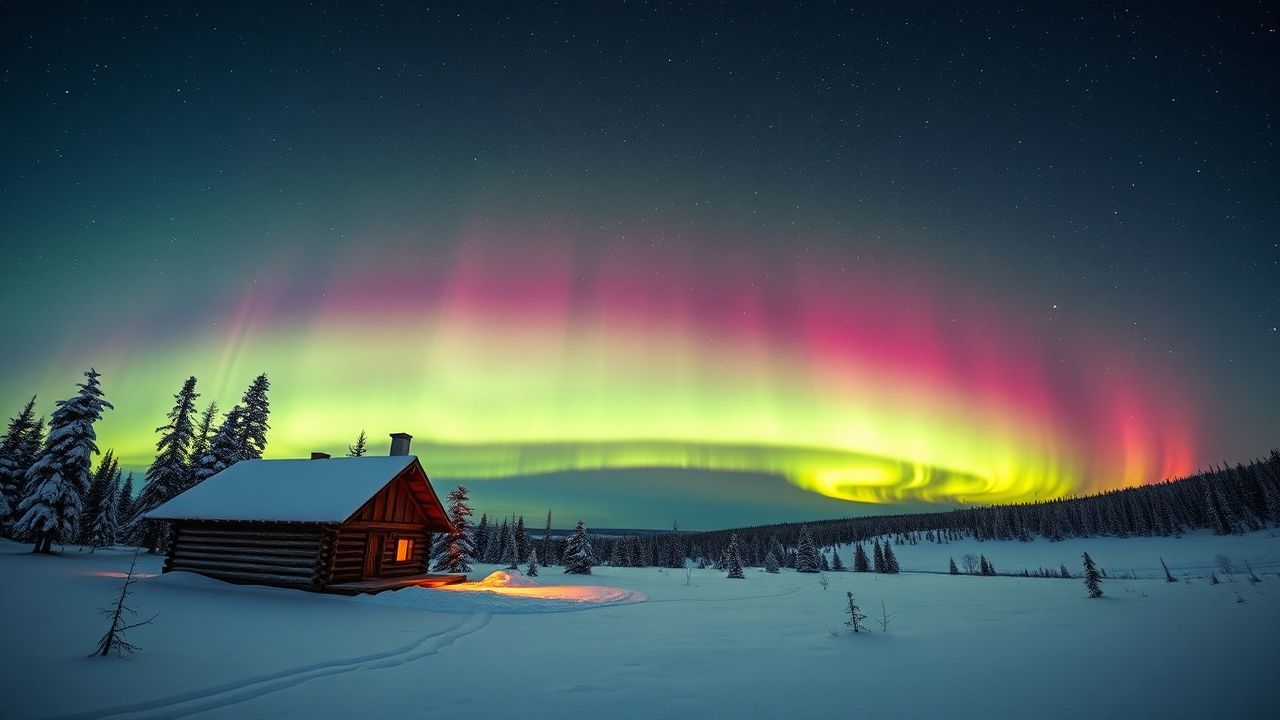 Ethereal Northern Lights Cabin in Winter