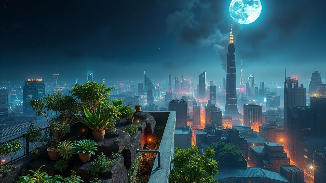 Synthetic Rooftop Garden Oasis by Night