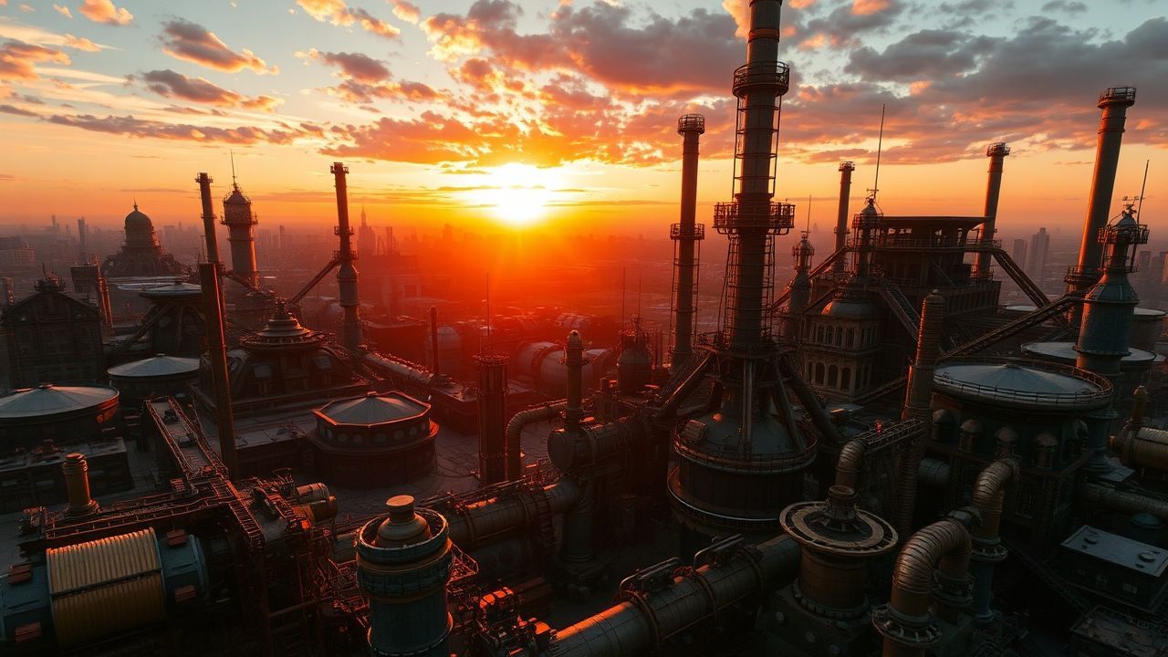 Mechanical Steampunk City Brass at Sunset