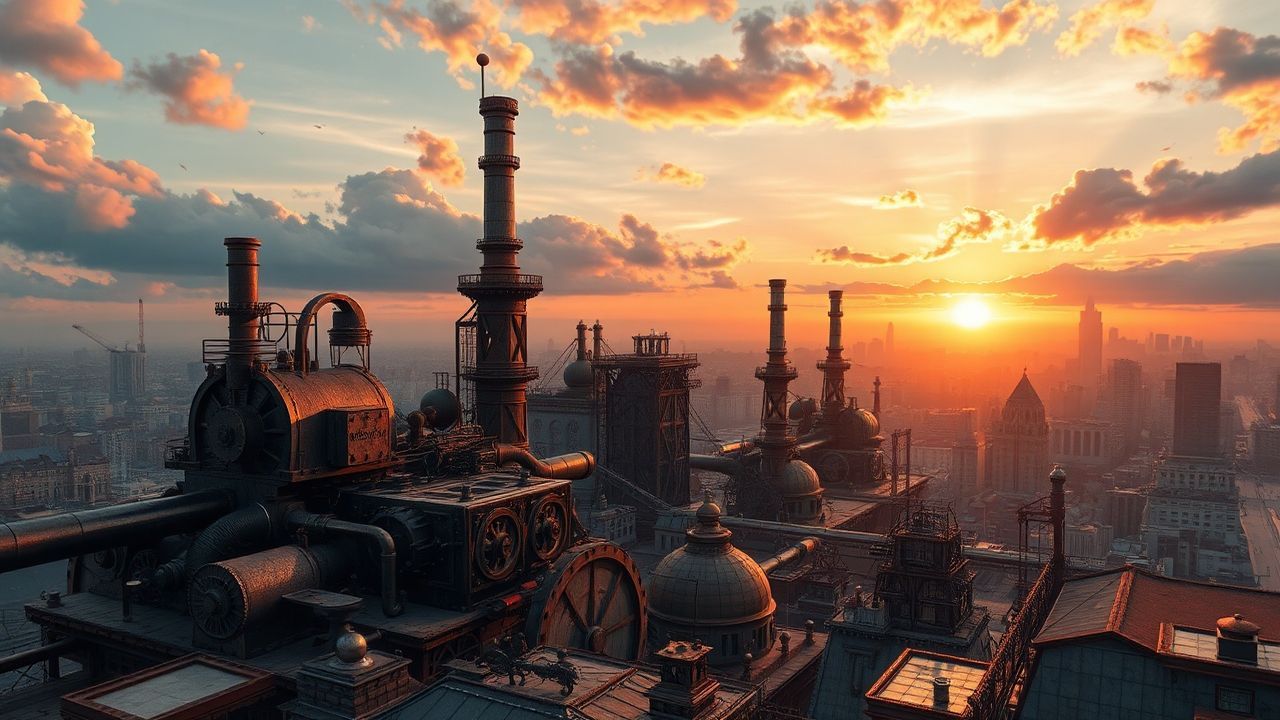 Riveted Steampunk City Brass at Sunset