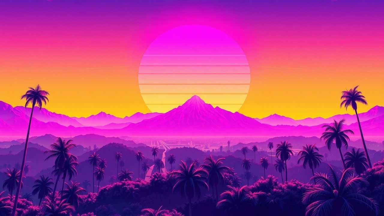 Timeless Synthwave Grid Mountains at Sunset