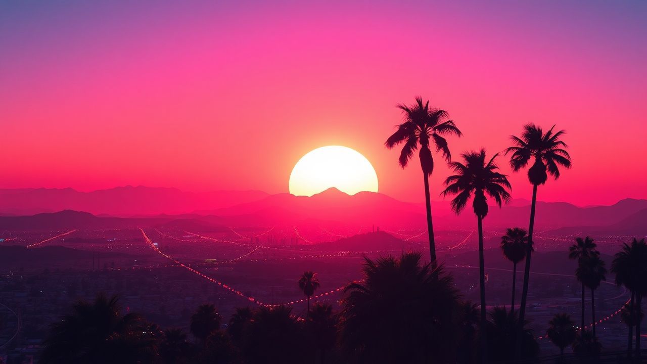 Nostalgic Synthwave Grid Mountains at Sunset