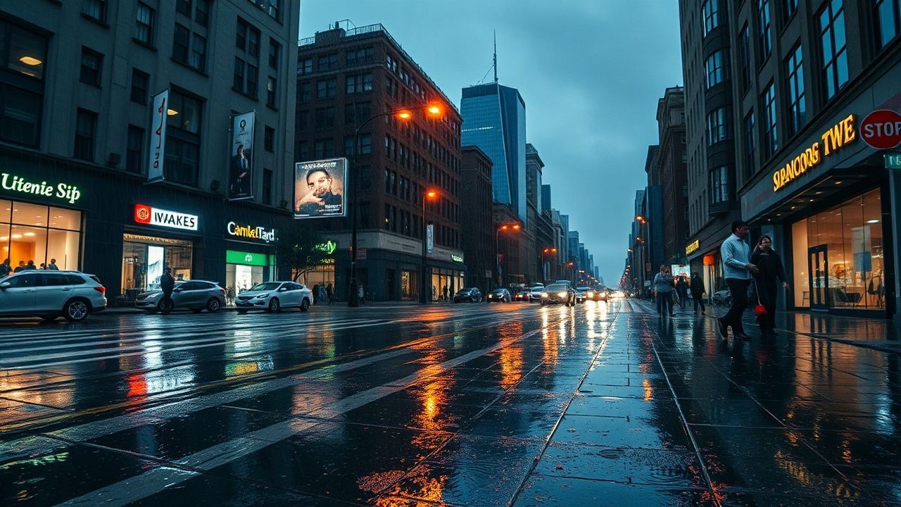 Towering Street Reflections Lights in the Rain