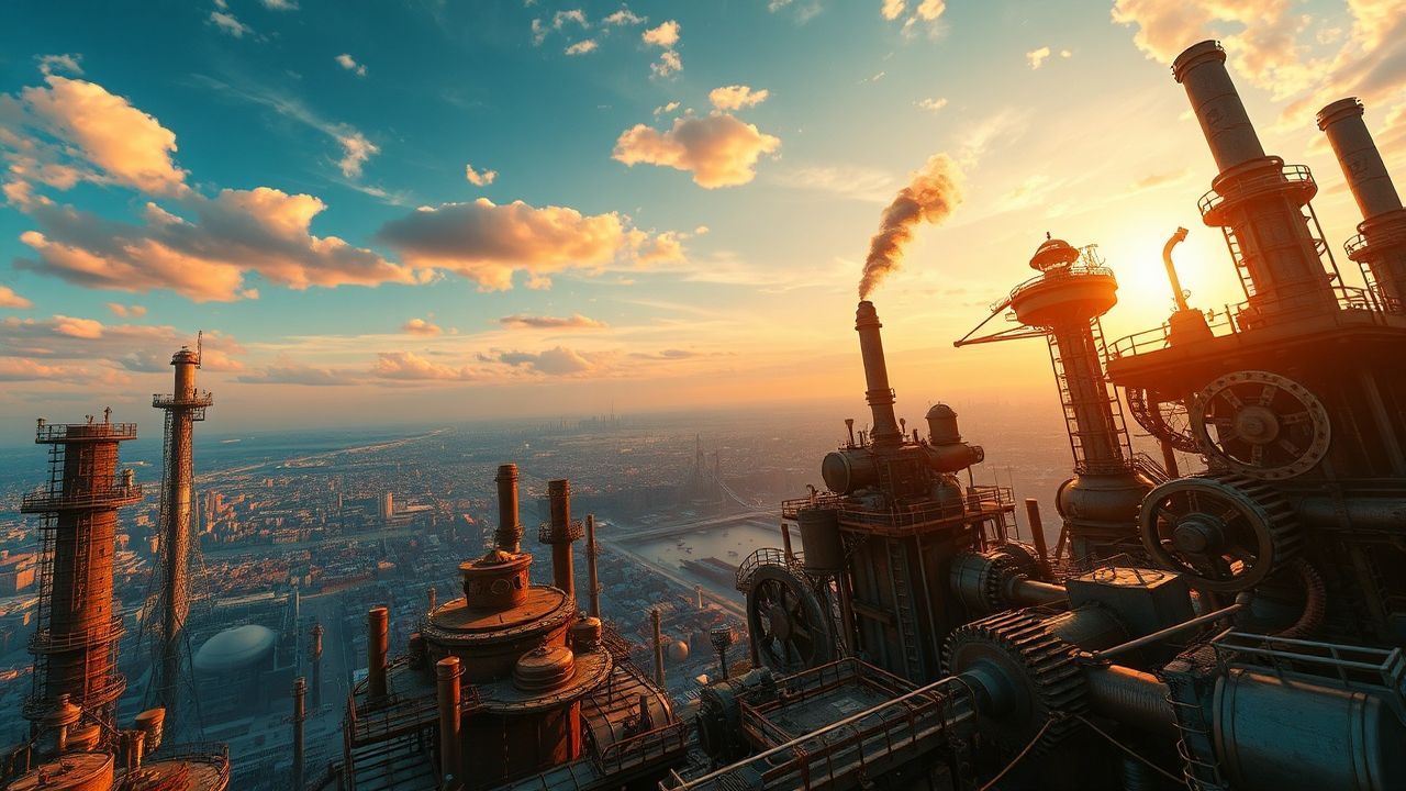 Ornate Steampunk City Brass at Sunset