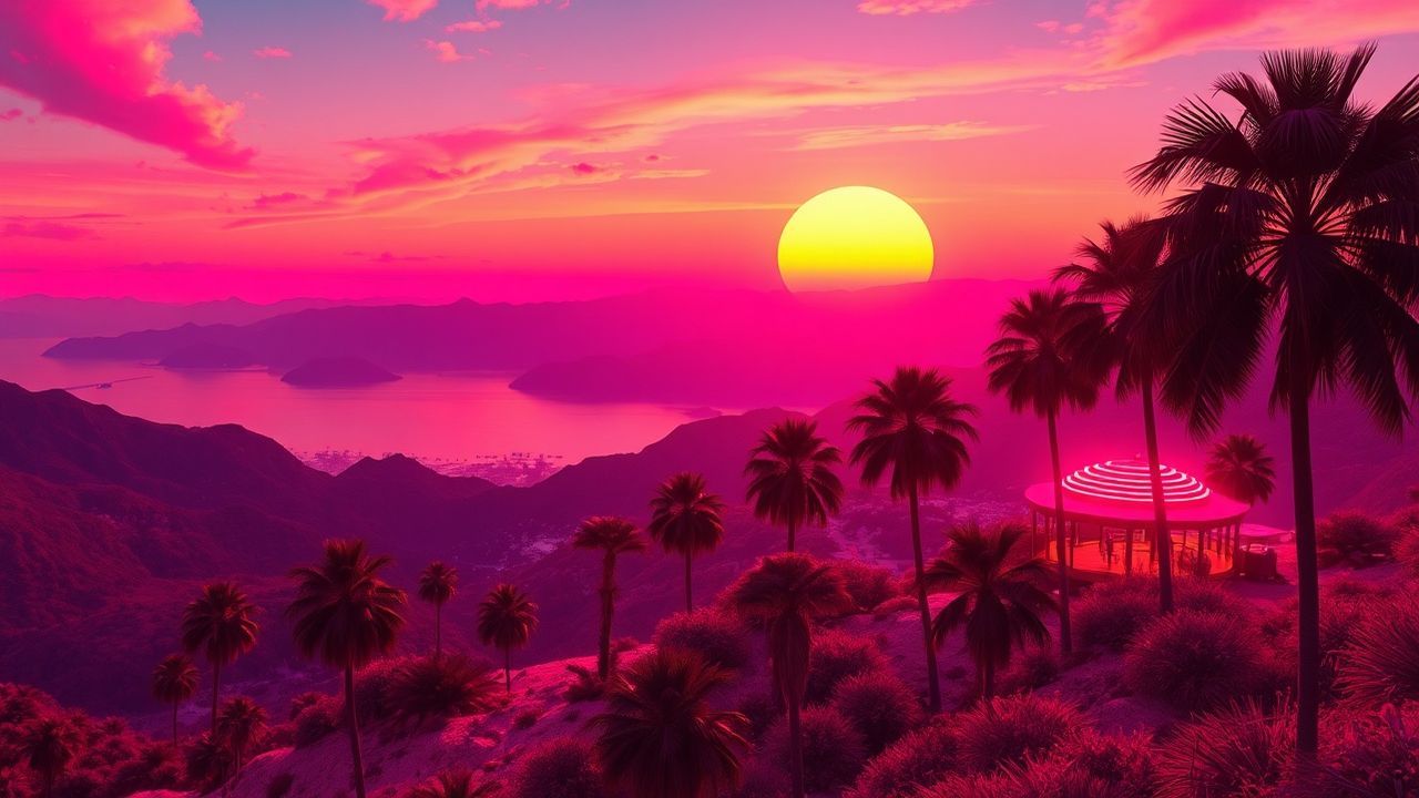 Nostalgic Synthwave Grid Mountains at Sunset