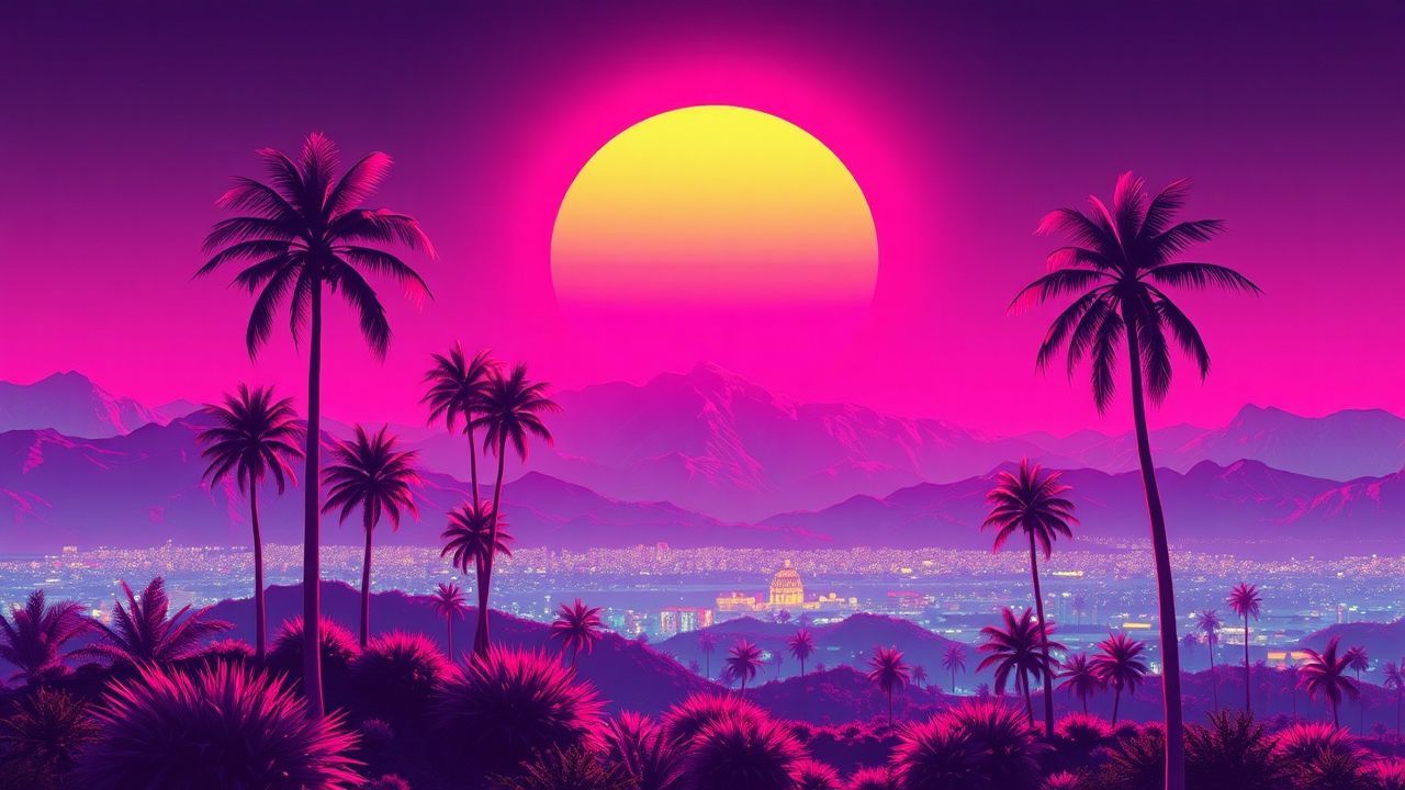 Neon Synthwave Grid Mountains at Sunset