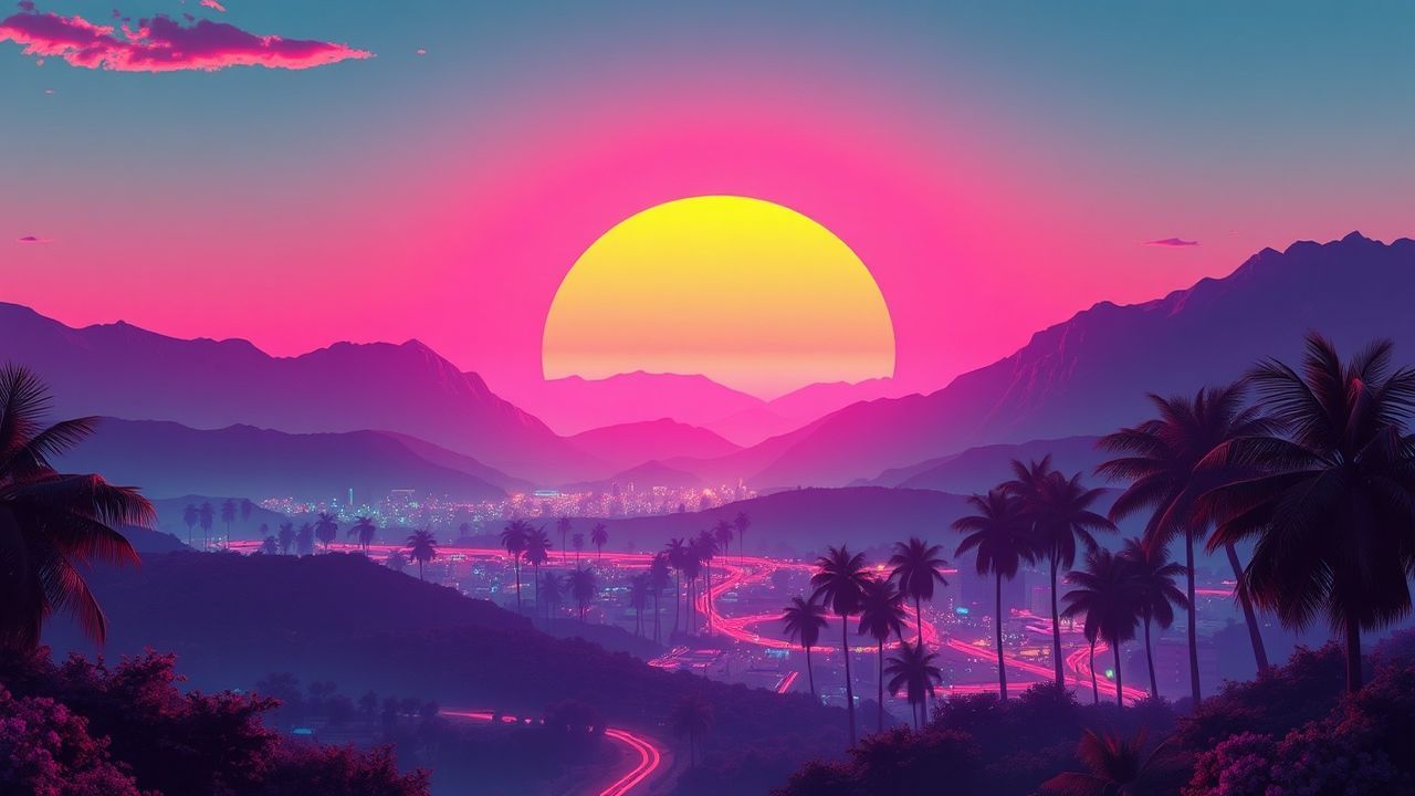 Timeless Synthwave Grid Mountains at Sunset