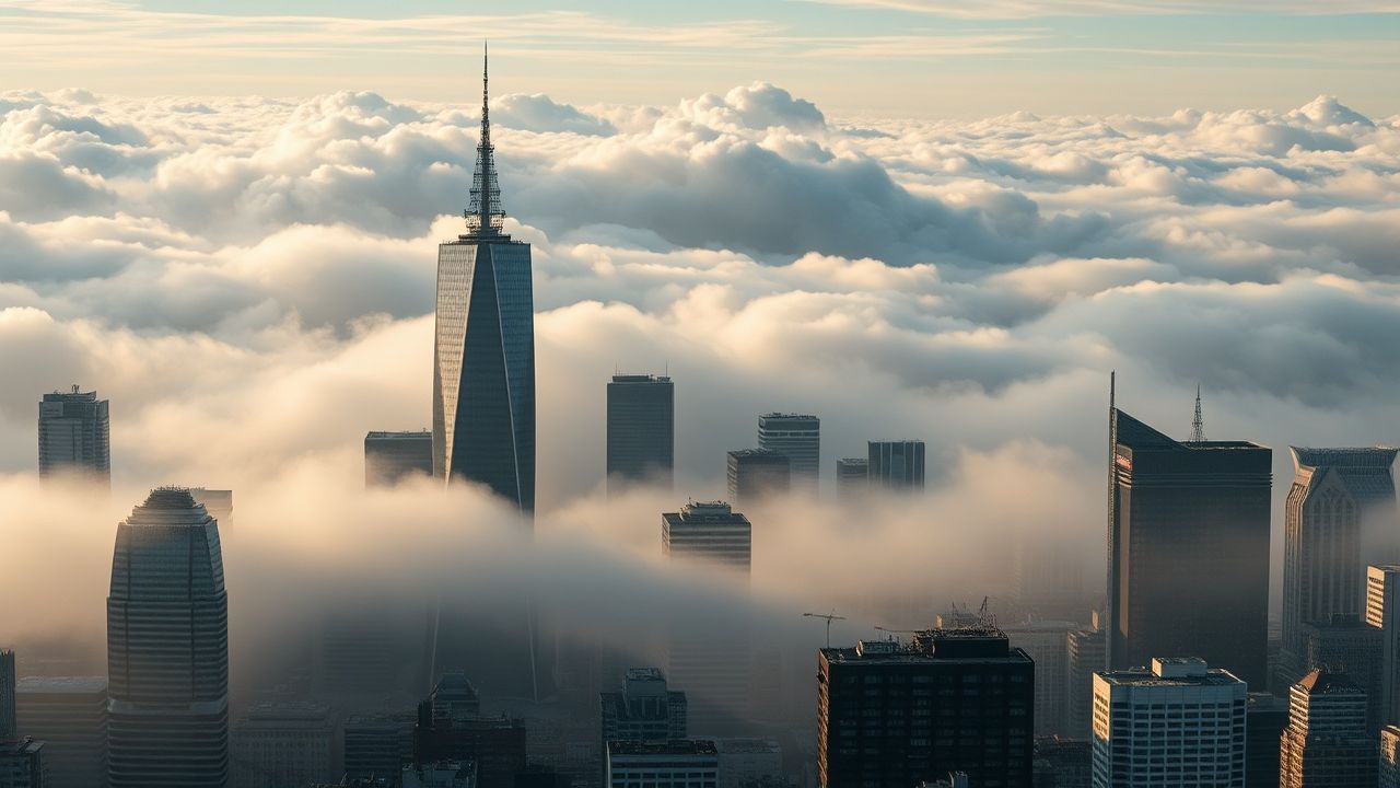 Electric City Skyscrapers Emerging in the Mist