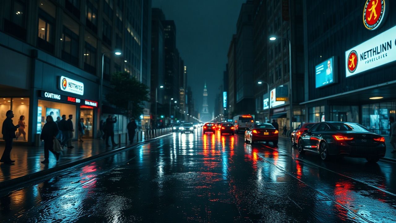 Panoramic Street Reflections Lights in the Rain