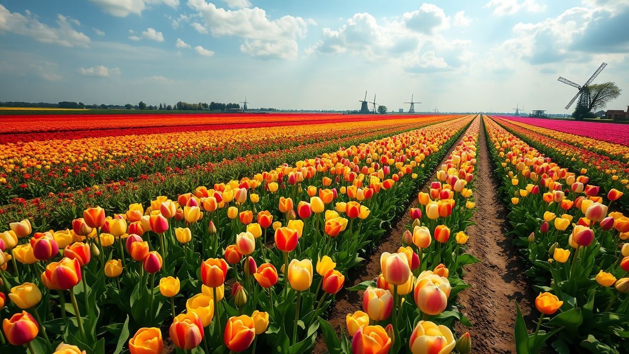 Serene Tulip Fields Netherlands from Above