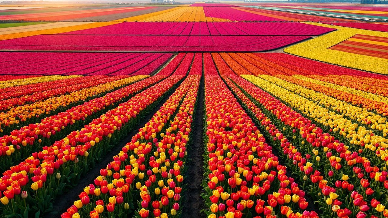 Lush Tulip Fields Netherlands from Above