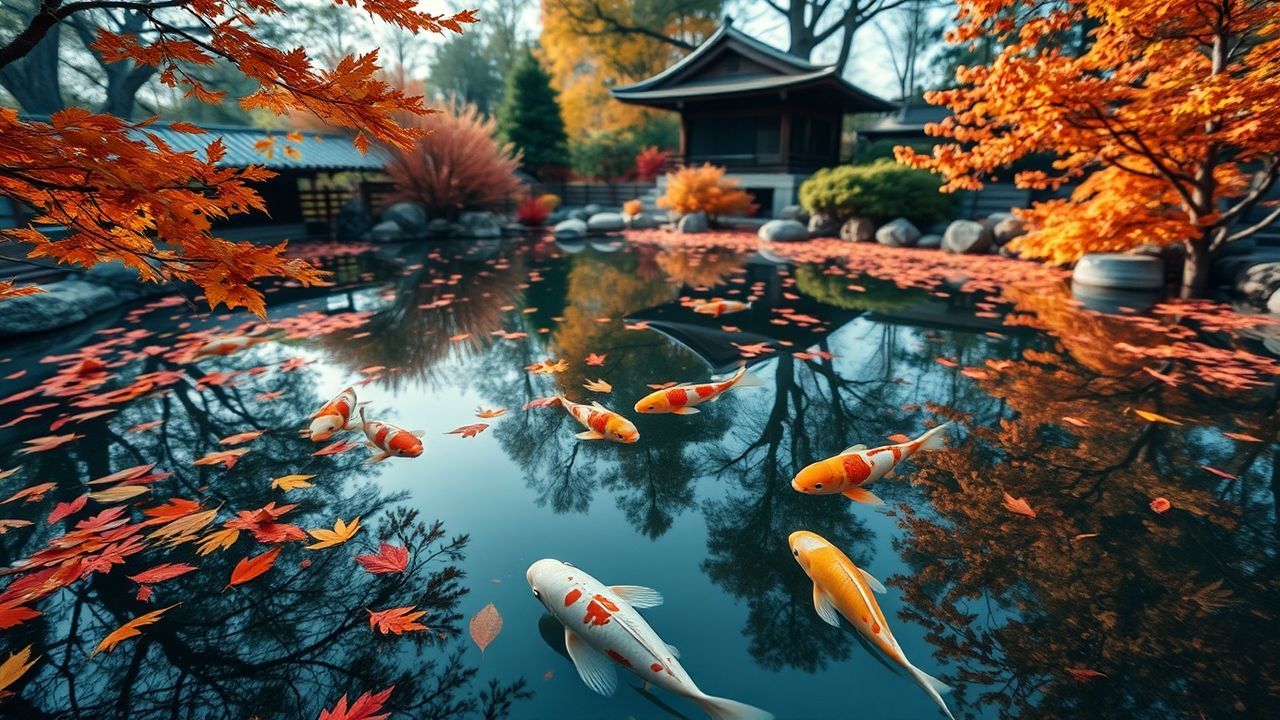 Stunning Japanese Koi Pond in Autumn