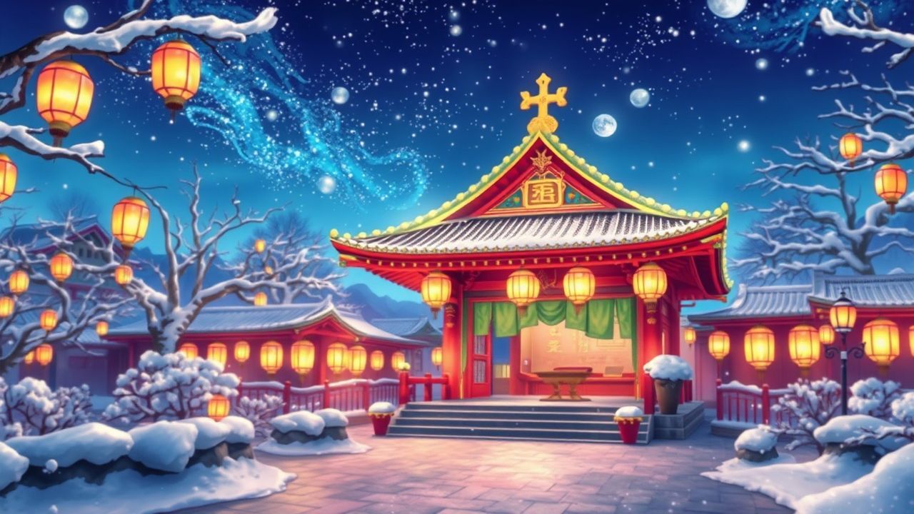 Radiant Shrine Lanterns Anime in Winter