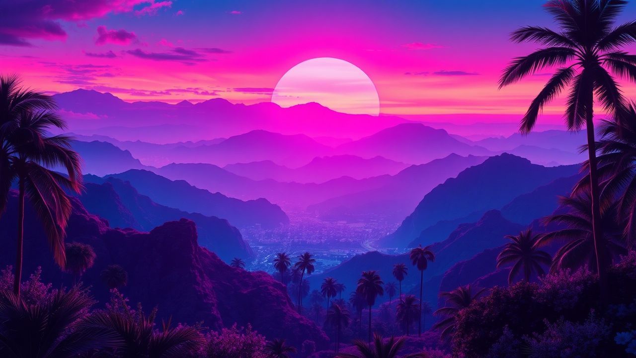Vintage Synthwave Grid Mountains at Sunset