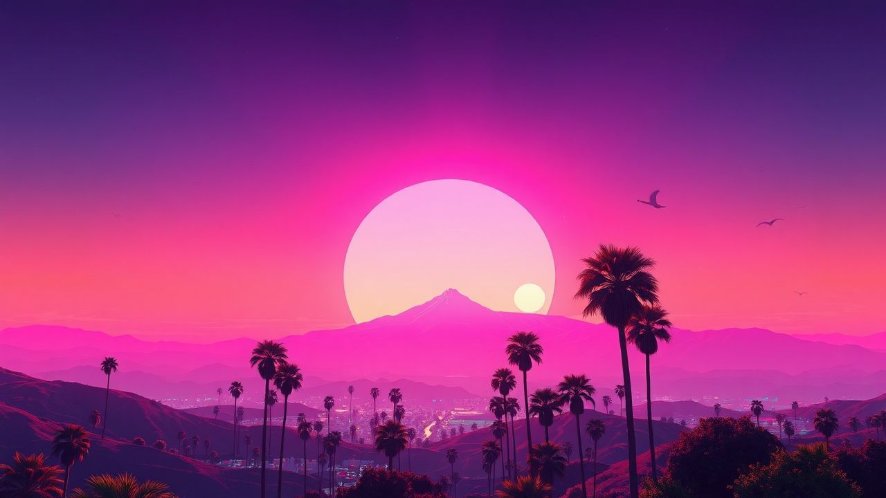 Vintage Synthwave Grid Mountains at Sunset