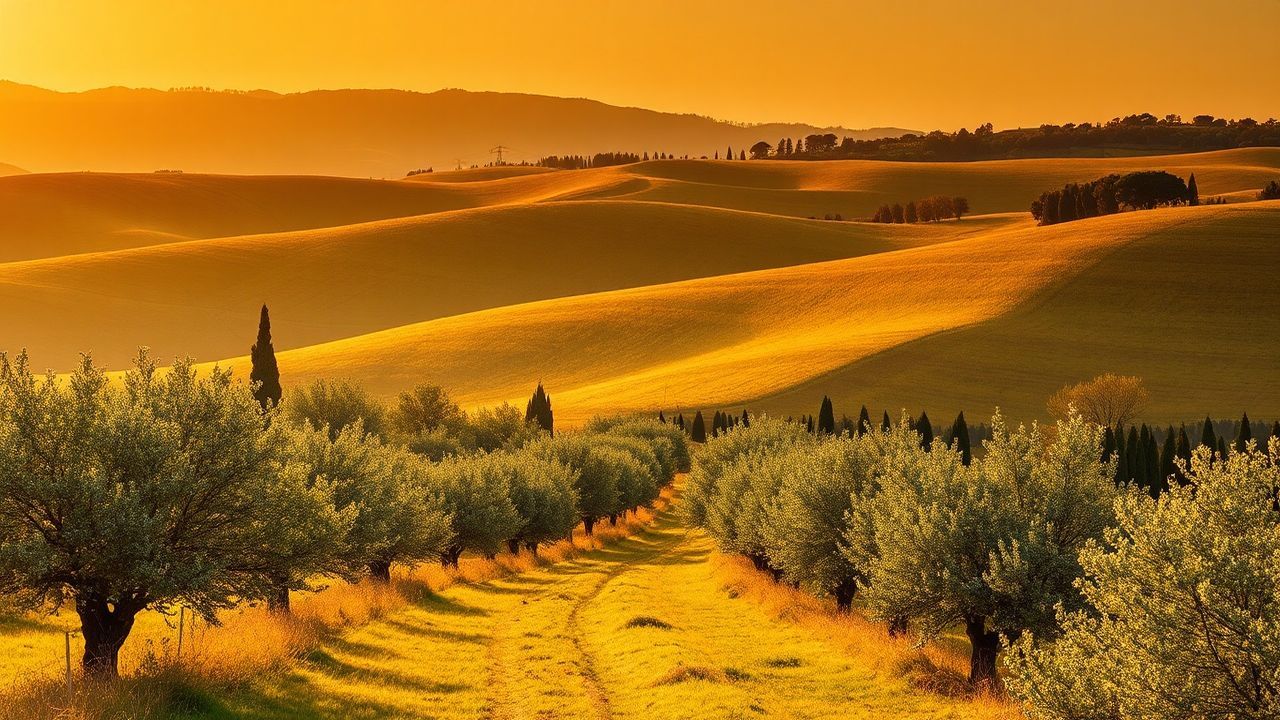 Picturesque Tuscany Olive Grove in Golden Light