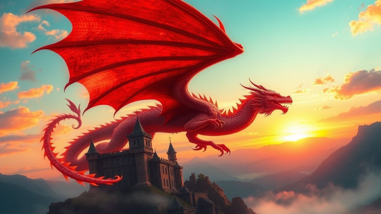 Celestial Dragon Flying Medieval at Sunset