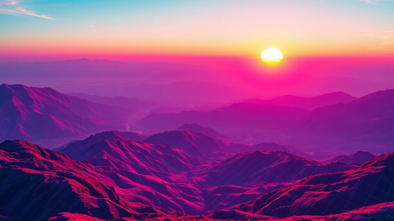 Neon Vaporwave Grid Mountains at Sunset