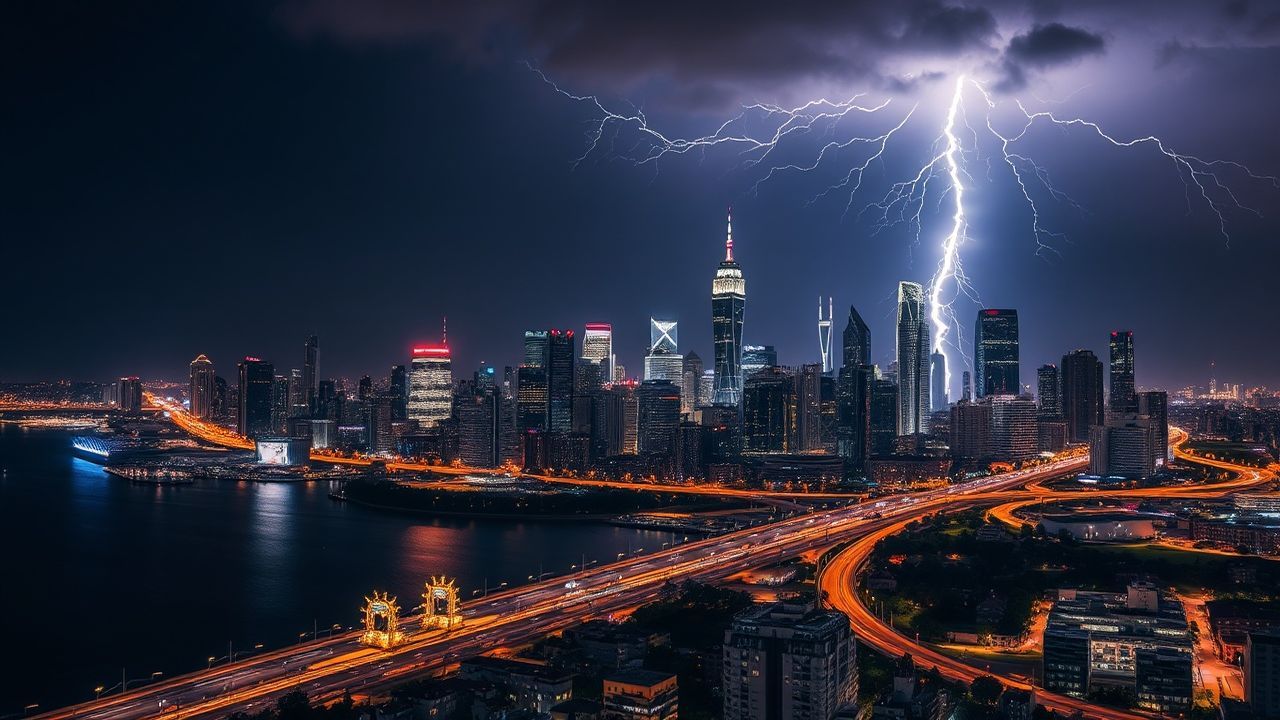 Ethereal Lightning Bolt City by Night