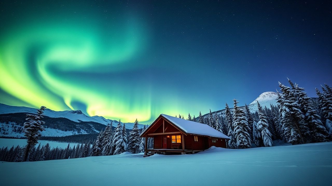 Golden Northern Lights Cabin in Winter